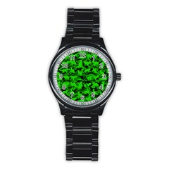 Bright Neon Green Catmouflage Stainless Steel Round Watch by PodArtist