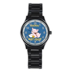 Friends Not Food - Cute Pig And Chicken Stainless Steel Round Watch by Valentinaart