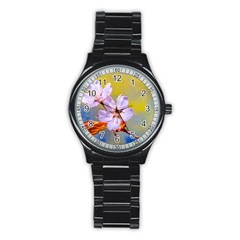 Sakura Flowers On Yellow Stainless Steel Round Watch by FunnyCow