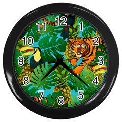 Tropical Pelican Tiger Jungle Blue Wall Clock (black) by snowwhitegirl