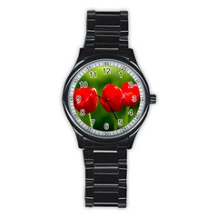 Three Red Tulips, Green Background Stainless Steel Round Watch by FunnyCow