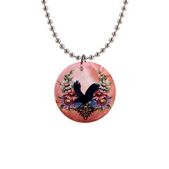 Wonderful Crow With Flowers On Red Vintage Dsign 1  Button Necklace by FantasyWorld7