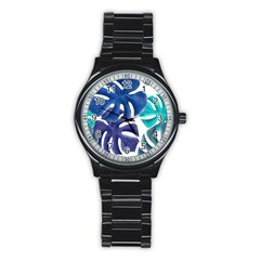 Leaves Tropical Blue Green Nature Stainless Steel Round Watch by Alisyart
