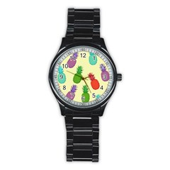 Colorful Pineapples Wallpaper Background Stainless Steel Round Watch by Sudhe