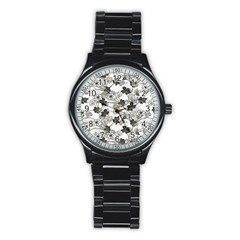 Black And White Floral Pattern Background Stainless Steel Round Watch by Sudhe