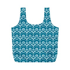 Easter Damask Pattern Deep Teal Blue And White Full Print Recycle Bag (m) by emilyzragz