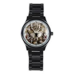 Vector Hand Painted Owl Stainless Steel Round Watch by Sudhe