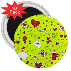 Valentin s Day Love Hearts Pattern Red Pink Green 3  Magnets (10 Pack)  by EDDArt
