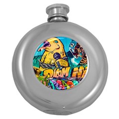 Graffiti Street Art Mountains Wall Round Hip Flask (5 Oz) by Simbadda