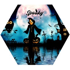 Funny Halloween Design With Skeleton, Pumpkin And Owl Wooden Puzzle Hexagon by FantasyWorld7