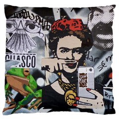 Frida Kahlo Brick Wall Graffiti Urban Art With Grunge Eye And Frog  Large Cushion Case (two Sides) by snek