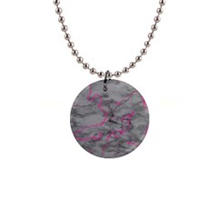 Marble Light Gray With Bright Magenta Pink Veins Texture Floor Background Retro Neon 80s Style Neon Colors Print Luxuous Real Marble 1  Button Necklace by genx