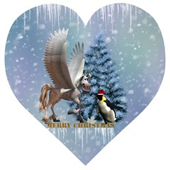 Merry Christmas, Funny Pegasus With Penguin Wooden Puzzle Heart by FantasyWorld7