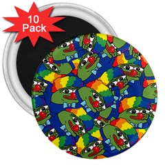 Clown World Pepe The Frog Honkhonk Meme Kekistan Funny Pattern Blue  3  Magnets (10 Pack)  by snek