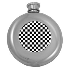 Black And White Chessboard Pattern, Classic, Tiled, Chess Like Theme Round Hip Flask (5 Oz) by Casemiro