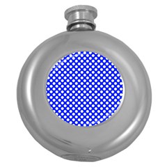 Dark Blue And White Polka Dots Pattern, Retro Pin-up Style Theme, Classic Dotted Theme Round Hip Flask (5 Oz) by Casemiro