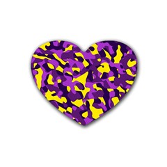 Purple And Yellow Camouflage Pattern Rubber Coaster (heart)  by SpinnyChairDesigns