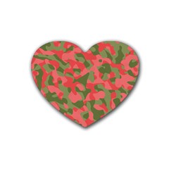 Pink And Green Camouflage Pattern Rubber Coaster (heart)  by SpinnyChairDesigns