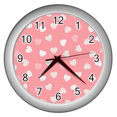 Cute Pink And White Hearts Wall Clock (silver) by SpinnyChairDesigns
