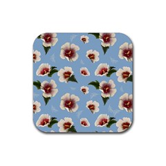 Delicate Hibiscus Flowers On A Blue Background Rubber Coaster (square)  by SychEva