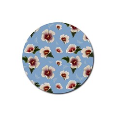 Delicate Hibiscus Flowers On A Blue Background Rubber Coaster (round)  by SychEva