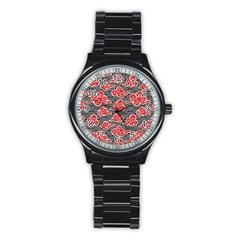 Red Black Waves Stainless Steel Round Watch by designsbymallika