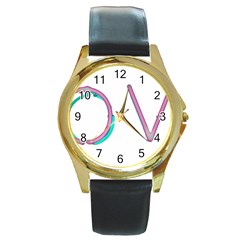 Pop Art Neon Love Sign Round Gold Metal Watch by essentialimage365