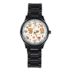 Illustration Bear Cartoon Background Pattern Stainless Steel Round Watch by Sudhe