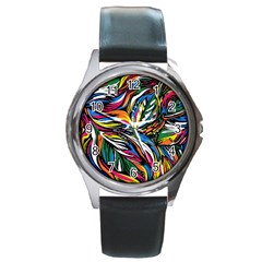 Tropical Monstera Pattern Leaf Round Metal Watch by Ravend