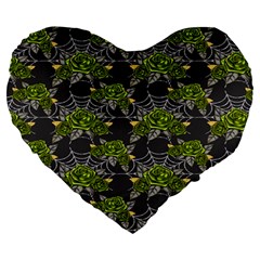 Halloween - Green Roses On Spider Web  Large 19  Premium Heart Shape Cushions by ConteMonfrey