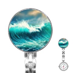 Ai Generated Waves Ocean Sea Tsunami Nautical Painting Stainless Steel Nurses Watch by Ravend