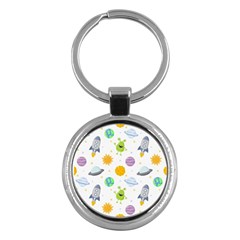 Seamless-pattern-cartoon-space-planets-isolated-white-background Key Chain (round) by Salman4z