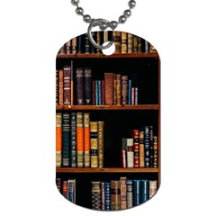 Assorted Title Of Books Piled In The Shelves Assorted Book Lot Inside The Wooden Shelf Dog Tag (one Side) by 99art