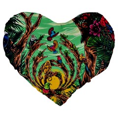 Monkey Tiger Bird Parrot Forest Jungle Style Large 19  Premium Flano Heart Shape Cushions by Grandong