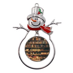 Books On Bookshelf Assorted Color Book Lot In Bookcase Library Metal Snowman Ornament by Ravend