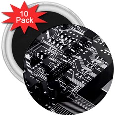 Black And Gray Circuit Board Computer Microchip Digital Art 3  Magnets (10 Pack)  by Bedest