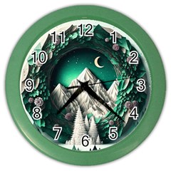 Christmas Wreath Winter Mountains Snow Stars Moon Color Wall Clock by uniart180623