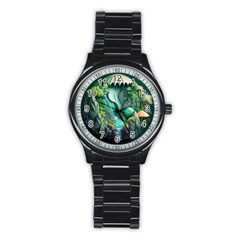 Waterfall Jungle Nature Paper Craft Trees Tropical Stainless Steel Round Watch by uniart180623