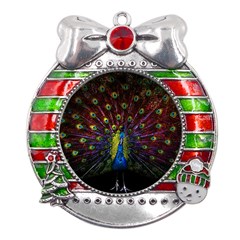 Beautiful Peacock Feather Metal X mas Ribbon With Red Crystal Round Ornament by Ket1n9