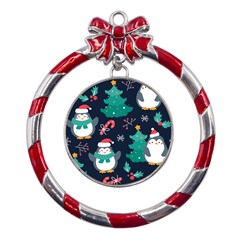 Colorful Funny Christmas Pattern Metal Red Ribbon Round Ornament by Ket1n9