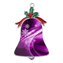 Purple Abstract Merry Christmas Xmas Pattern Metal Holly Leaf Bell Ornament by Sarkoni