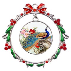 Birds Peacock Artistic Colorful Flower Painting Metal X mas Wreath Ribbon Ornament by Sarkoni