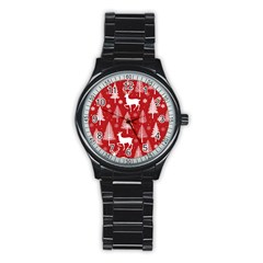Christmas Tree Deer Pattern Red Stainless Steel Round Watch by Ravend
