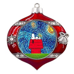 Cartoon Dog Starry Night Van Gogh Parody Metal Snowflake And Bell Red Ornament by Modalart