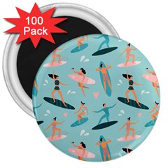 Beach Surfing Surfers With Surfboards Surfer Rides Wave Summer Outdoors Surfboards Seamless Pattern 3  Magnets (100 Pack) by Bedest