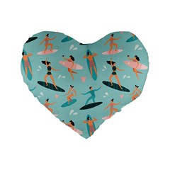 Beach Surfing Surfers With Surfboards Surfer Rides Wave Summer Outdoors Surfboards Seamless Pattern Standard 16  Premium Flano Heart Shape Cushions by Bedest