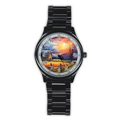 Rural Farm Fence Pathway Sunset Stainless Steel Round Watch by Bedest