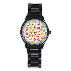 Tropical Fruits Berries Seamless Pattern Stainless Steel Round Watch by Ravend