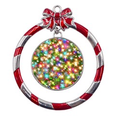 Star Colorful Christmas Abstract Metal Red Ribbon Round Ornament by Cendanart