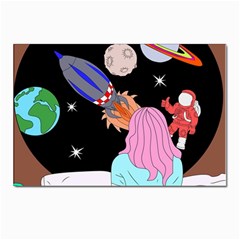 Girl Bed Space Planets Spaceship Rocket Astronaut Galaxy Universe Cosmos Woman Dream Imagination Bed Postcard 4 x 6  (pkg Of 10) by Maspions
